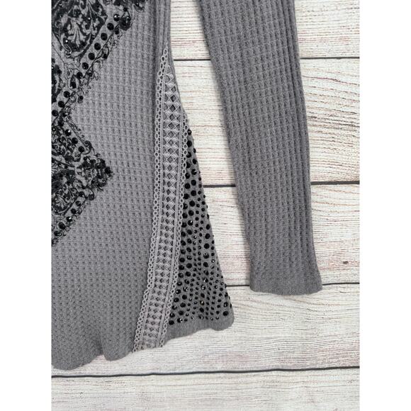 Vocal Embellished Fleur De Lis Print Thermal Shirt Womens Small Gray Waffle Knit - Picture 5 of 10